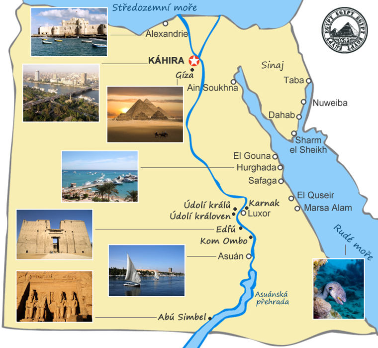 mapa nejnavštěvovanějších lokalit v Egyptě 